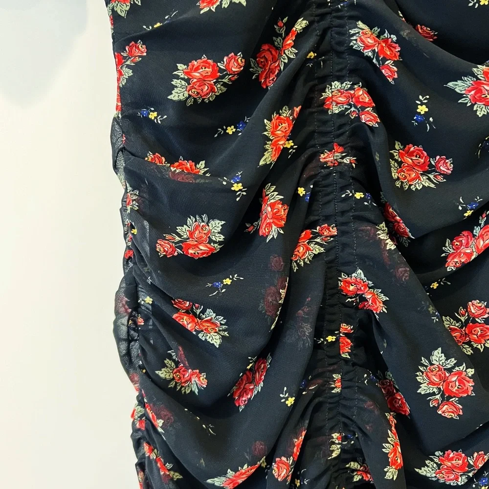 Zara Floral Ruched Mini Dress Mesh Ruffle Plunge V-Neck Puff Sleeve Black S - Picture 7 of 10